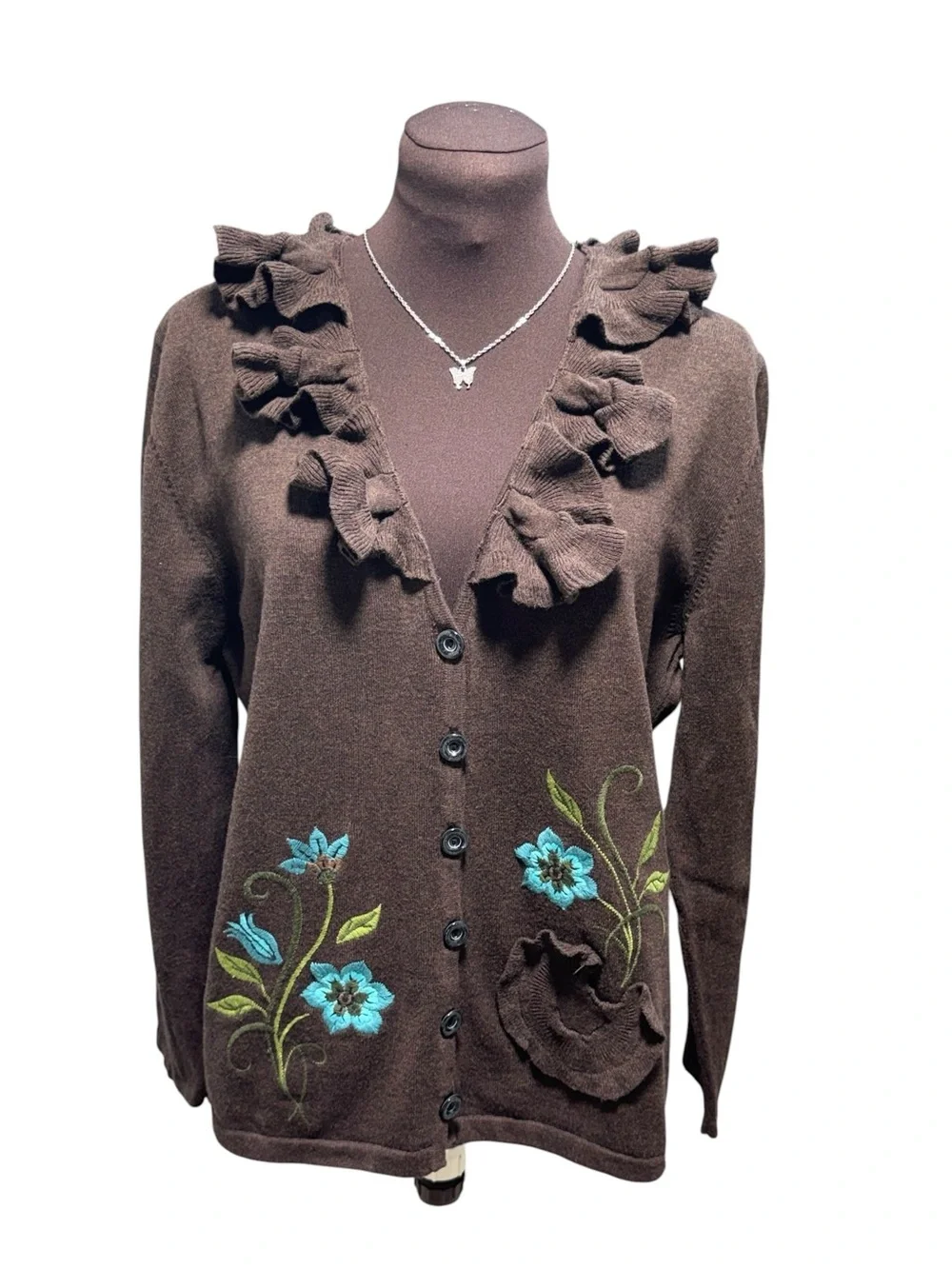 Y2K Timberlea Womens Brown Floral Embroidered Cardigan XL Boho Cottagecore - Picture 3 of 10